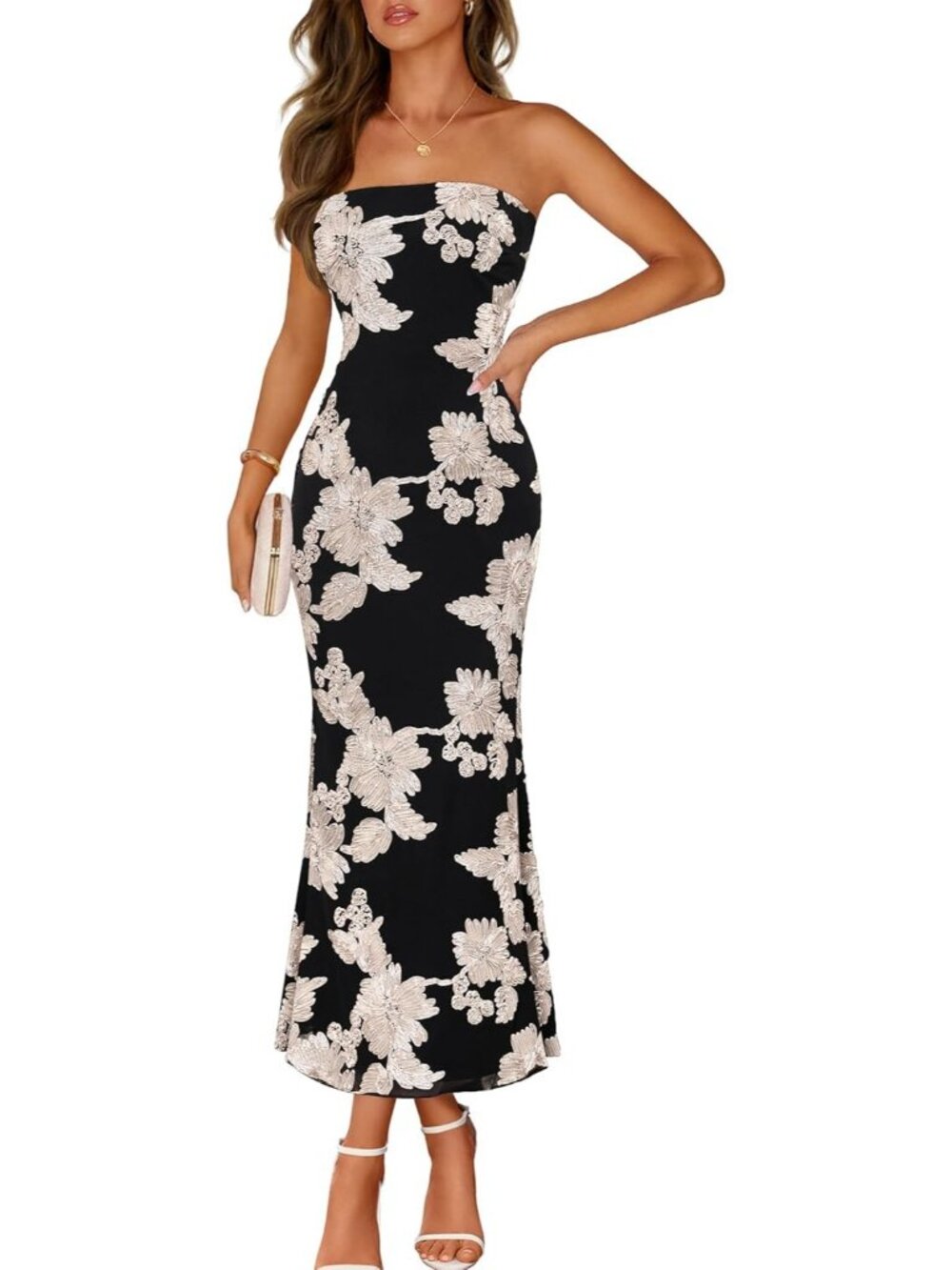 Women's Floral Strapless Maxi Dress Black White Summer Mesh Bodycon Formal Dress